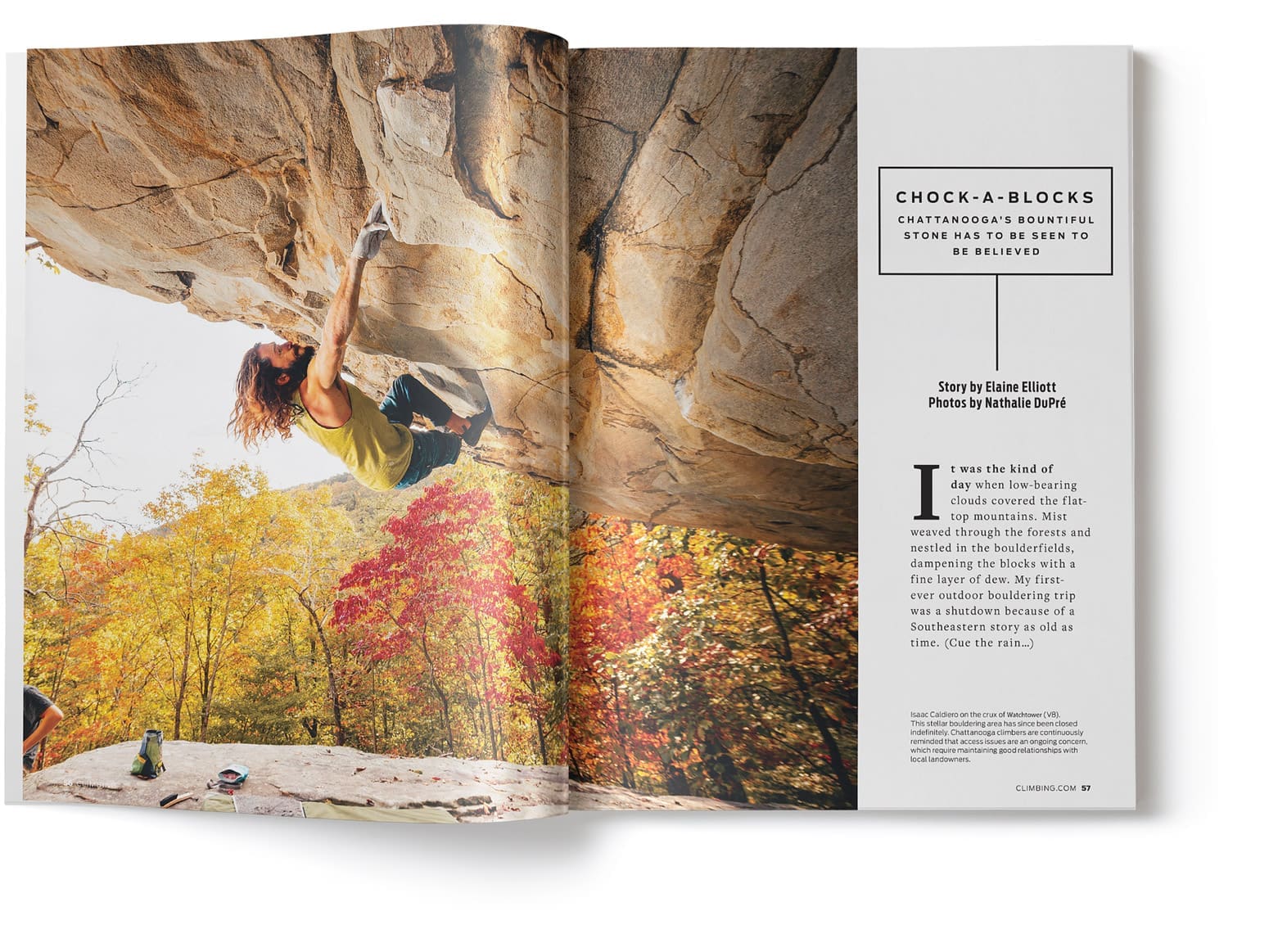 A magazine page showing a man rock-climbing against an autumn backdrop. The story is by Elaine Elliott and photos by Nathalie DuPré.